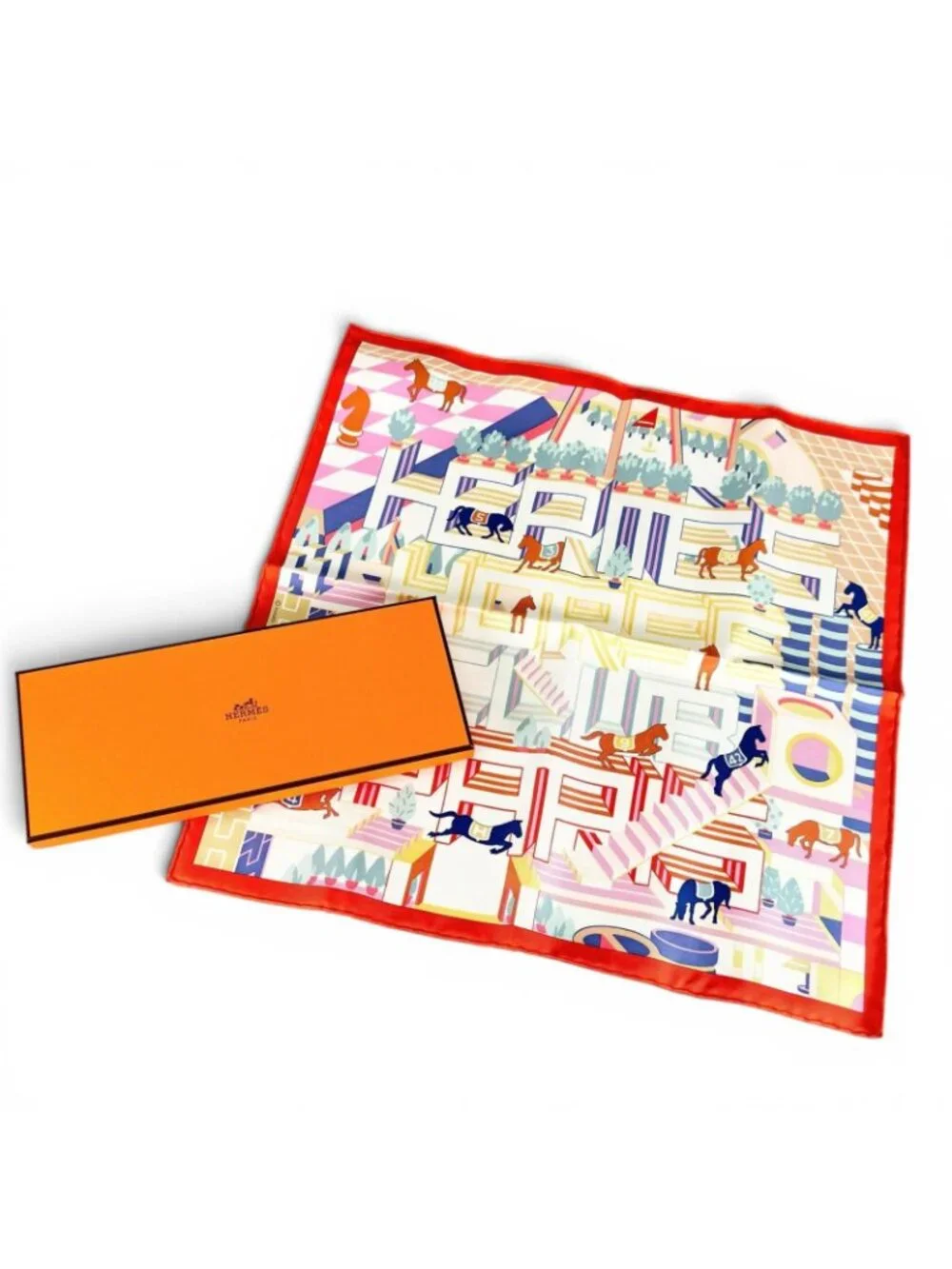 Hermes Carre 45 Gavroche Horse Club Detail Silk 100% Scarf Multi